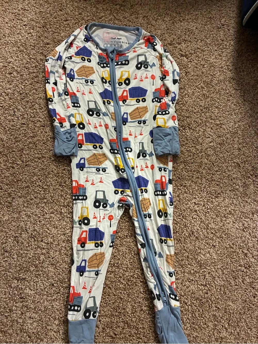 Little Sleepies Kids Construction Vehicle Zip Pajamas - White with truckw